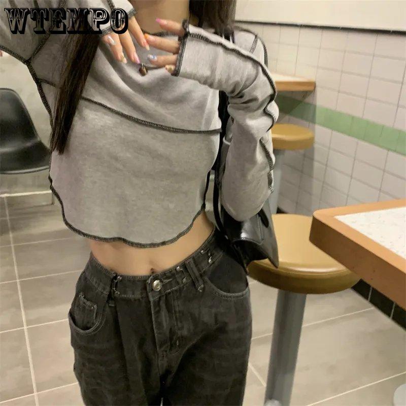 WTEMPO Футболки с длинным рукавом, женские узкие универсальные топы с круглым вырезом, женские однотонные корейские классические весенние повседневные базовые популярные футболки