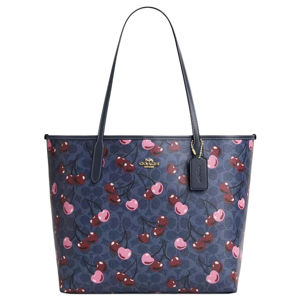 Coach City 33 Logo Cherry Print Snap Closure Coated Canvas Tote Bag Women tote bags Denim-Blue CY691-IMDEI
