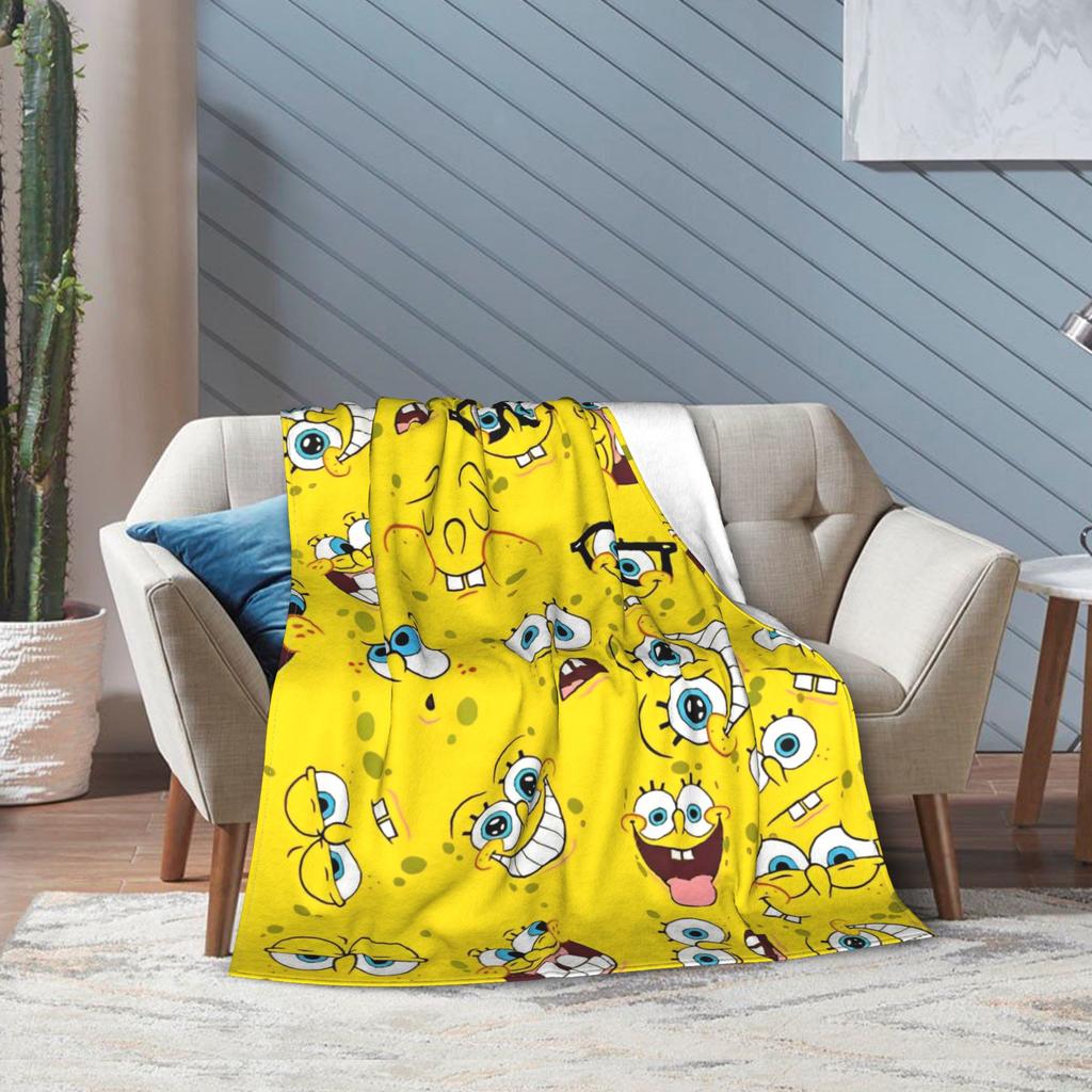 Yellow Cartoon Blankets SpongeBob SquarePants Flannel Funny Breathable Throw Blanket for Chair Covering Sofa Textile Decor