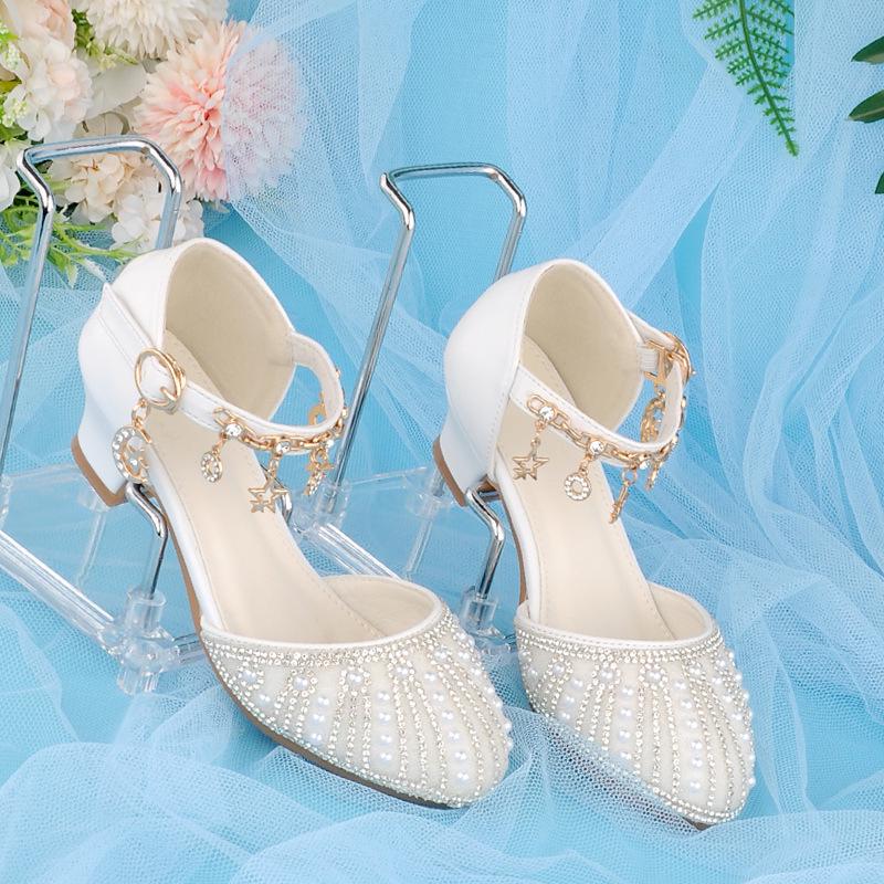 New Arrival: Girls' Crystal Bow High Heels - Shiny Princess Shoes for Piano Performances, Leather Material