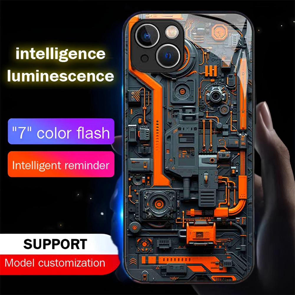 Luxury Blue Chip Pattern Luminous Glass LED Call Light Up Flash Phone Case Cover For iPhone Air 17 16 E 15 14 13 12 Pro Max Plus