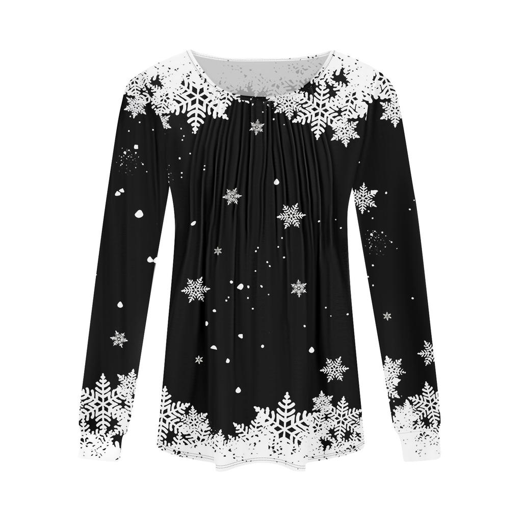 Рубашки с длинным рукавом для женщин, топы, нарядные повседневные блузки с рождественским принтом, плиссированные туники с круглым вырезом
