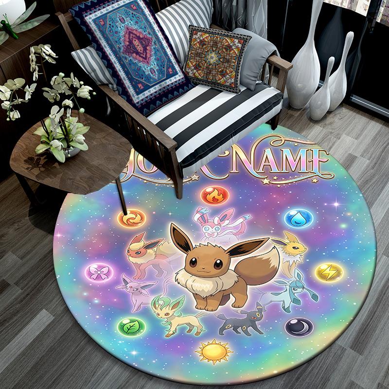 Custom Name,Eevee pattern round rug,Carpet Rug for Living Room Bedroom Playroom ,Non-slip Floor Mat,Holiday Gifts and Birthday Gifts.