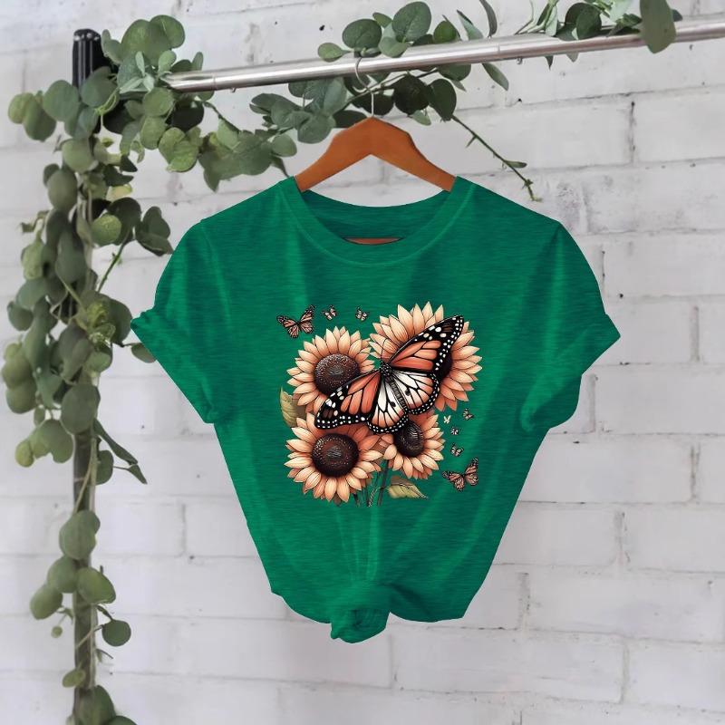 Летние новые модные футболки с короткими рукавами с подсолнухами и бабочками