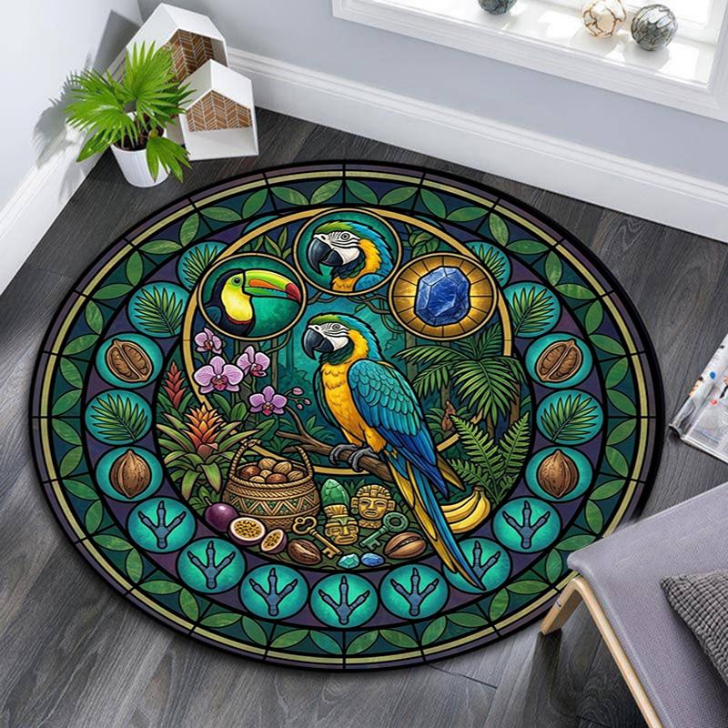 Jungle Parrot Glass Round Area Rug Under Office Chairs Bedroom Living Room Home Decor