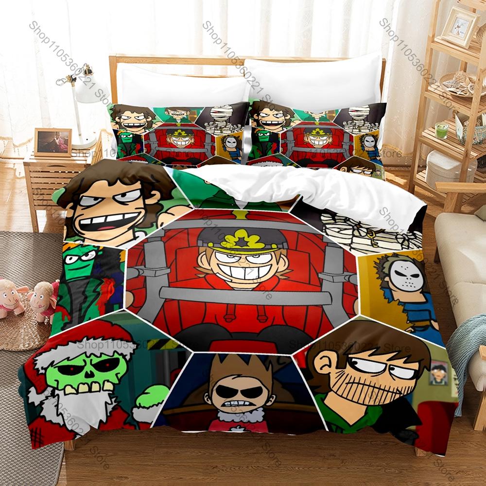 Крутой Eddsworld Классический Британский Flash Мультфильм Эдд Зеленый Худи Том Синий Матовый Фиолетовый Торд Красный Комплект Постельного Белья Пододеяльник + 2 Наволочк