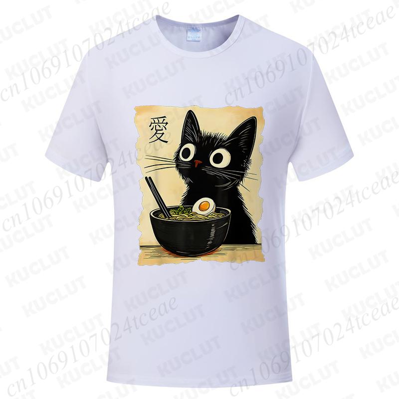 Funny Cat Ramen Graphic Tee Japanese Kawaii Anime Cat T-Shirt Fashion T-shirts Short Sleeve Clothes Trend Casual Unisex Tshirts