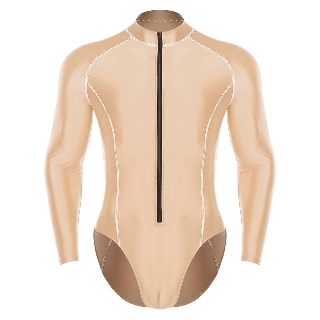 Мужской блестящий боди с воротником-стойкой, длинным рукавом, передней молнией, леотард, комбинезон, защита от солнца, пляжный, для серфинга, купальник