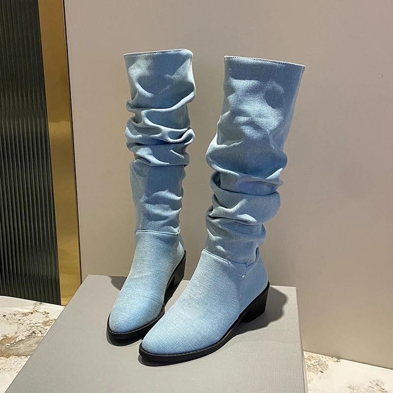 Квадратный каблук, высокие сапоги до колена, весна/осень, острый носок 2024, высококачественная женская обувь, однотонные женские сапоги на среднем каблуке