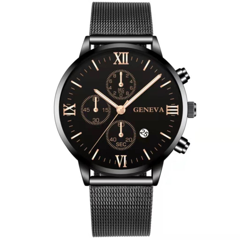Mesh Belt Men With Calendar, Fake Three-Eye Business Leisure Boys Gift Quartz Watch