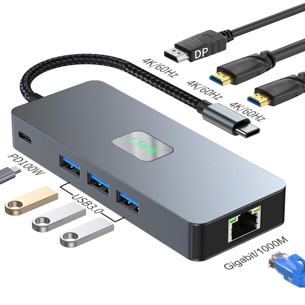 8 In 1 TYPE-C To RJ45 Gigabit USB 3.0 HDMI DP PD100W Interface Hub Adapter Dock