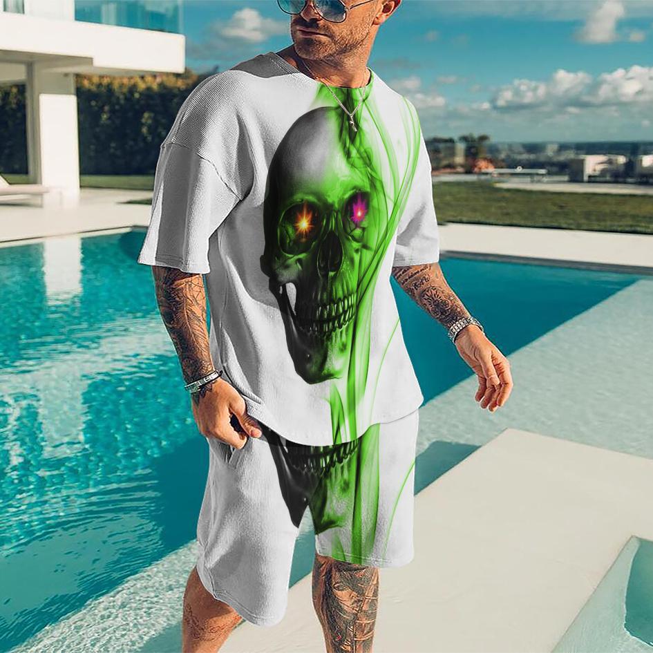 Летний мужской костюм с футболкой, мужской комплект, винтажный 3D-принт с черепом, модные мужские спортивные костюмы, свободный мужской спортивный костюм, мужская одежда
