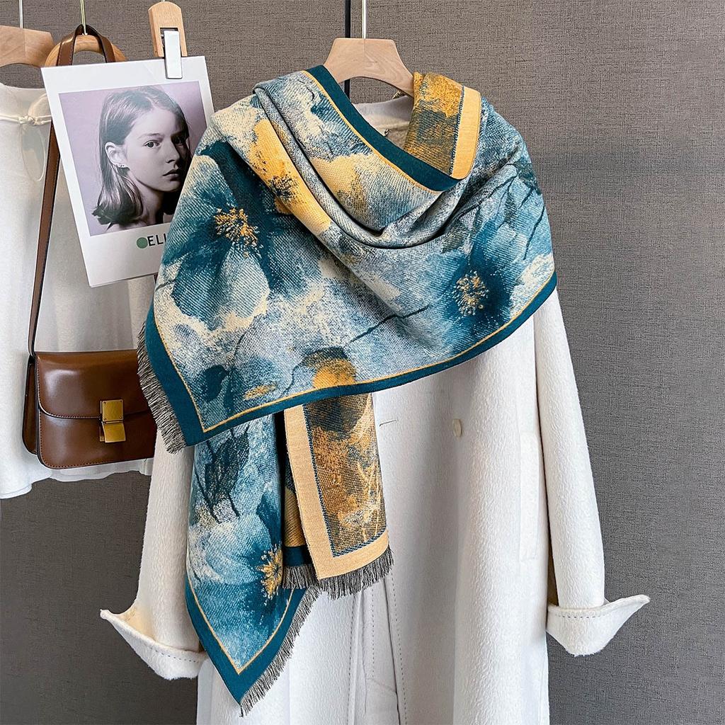 Autumn Personality Fashionable Plant Flower Print Scarf Women's Imitation Cashmere Warm Windproof Scarf Temperament Versatile Shawl