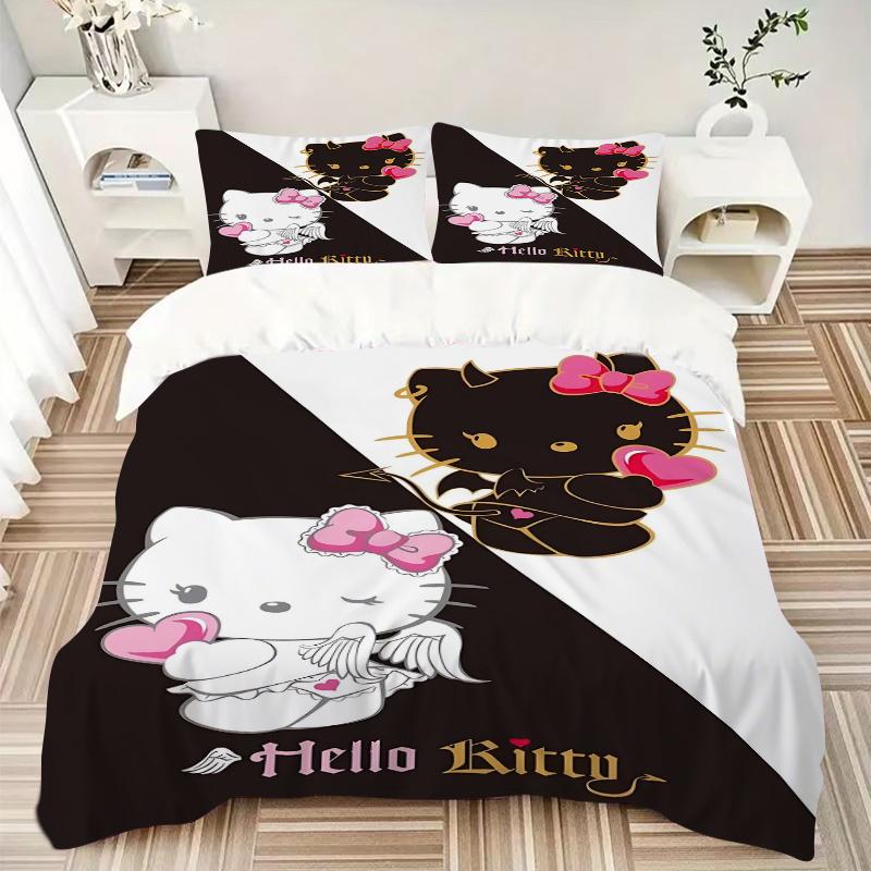 3pcs Hello Kitty Devil Angel Printed Bedding Set, Soft and Comfortable Quilt Cover for Bedroom, Guest Room (1 Duvet Cover + 2 Pillowcases, P