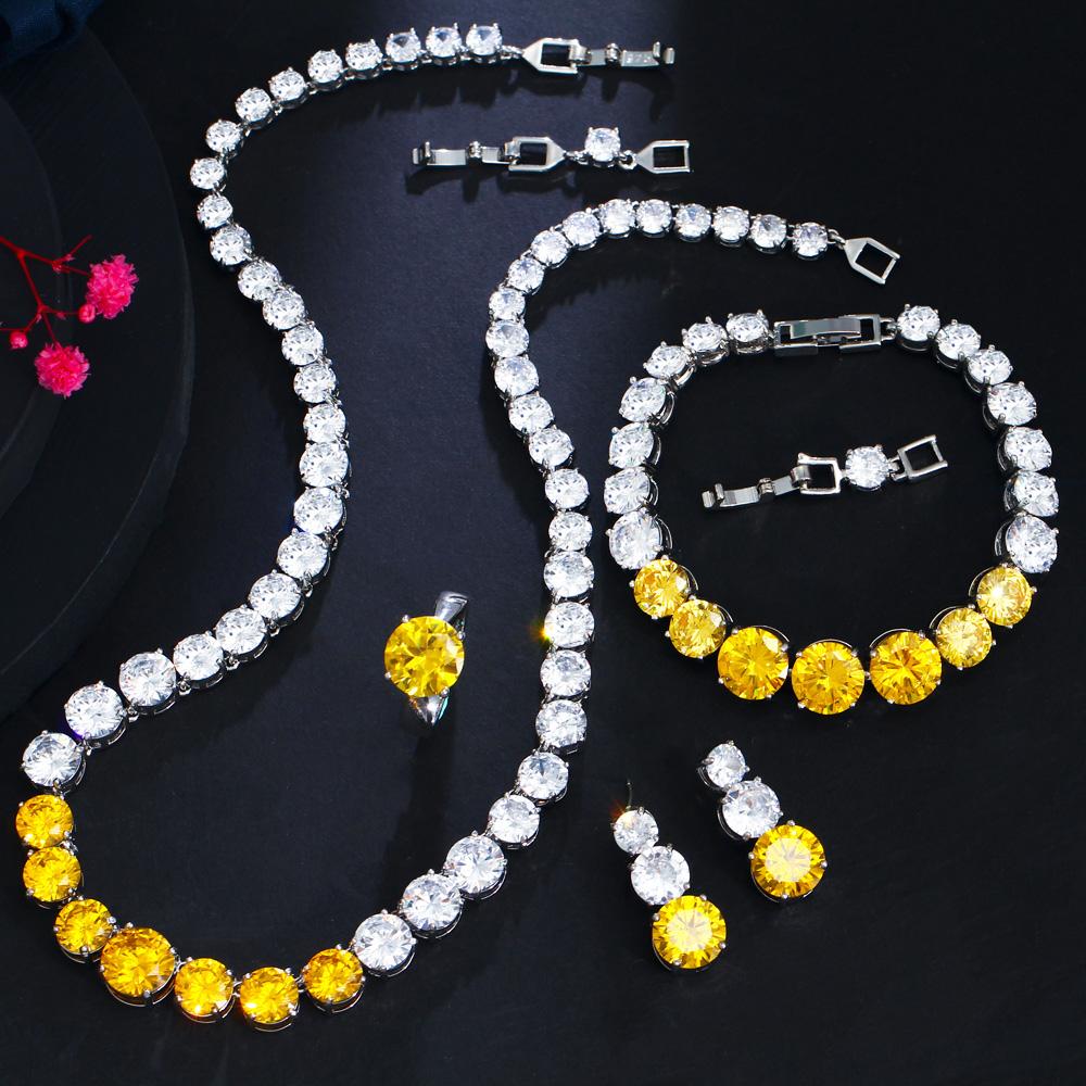 CMM 4PS Роскошный комплект свадебных украшений, ожерелье, кольцо, серьги, браслет, сапфировый цвет/рубиновый цвет, цирконий