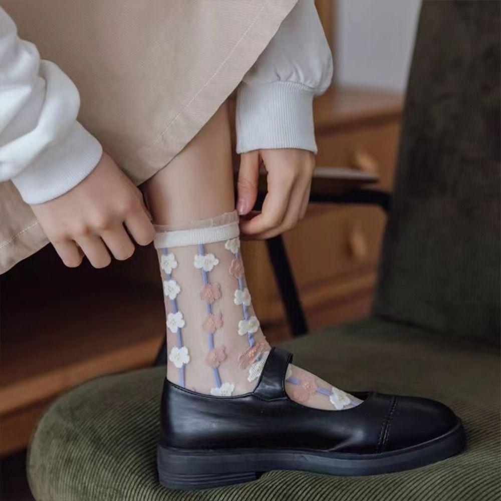Sweet Floral Print Mid-calf Socks Ultra-Thin Crystal Silk Socks Casual Wear
