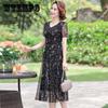 Summer Chiffon Mid-length Plus Size Printed Floral Over-the-knee Dress V-Neck Short Sleeve Elastic Waist