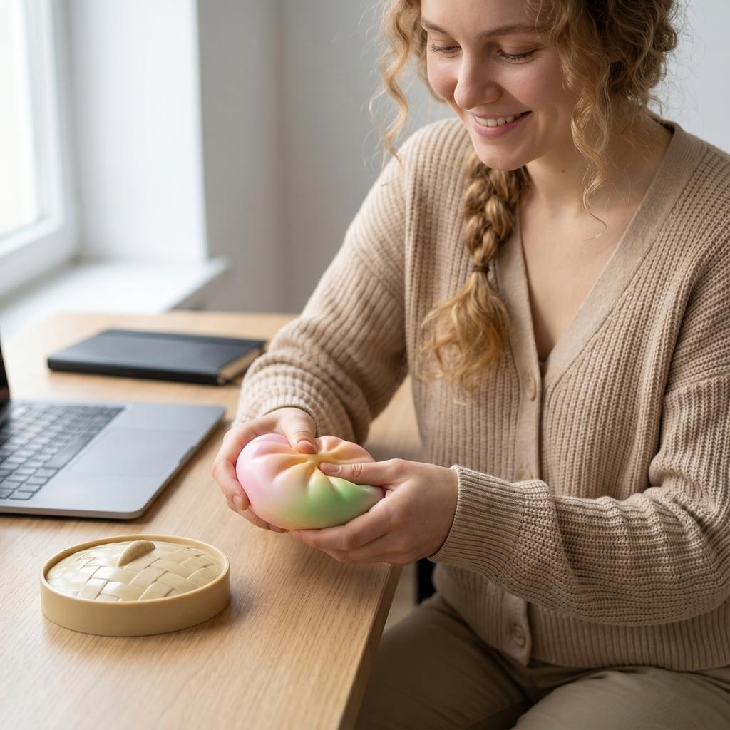 Bao Bun Stress Relief Toy with Steamer Basket 10cm Random Expression Soft Sensory Fidget for Desk and Office Use