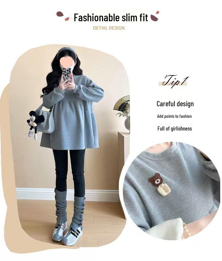 2025 Корейский стиль Свободный с круглым вырезом Флисовый свитшот для беременных на осень/зиму