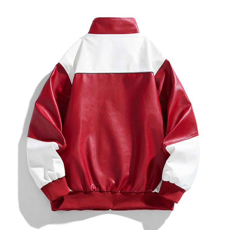 American PU Leather Jacket for Men, Spring and Autumn New Stand-up Collar Biker Jacket, Versatile Trendy Color-blocking Jacket