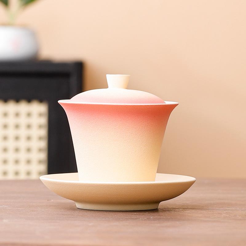 Coarse pottery can be rotated hover cover bowl gradual change Chinese style three talent tea bowl, kung fu tea set tea bowl hover cover bowl