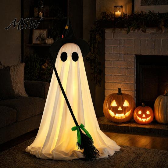 Halloween Ghost Ornament Light-Up Decoration, Spooky Witch Hat with LED Festive Prop Light, Broom Decor for Outdoor Lawn Porch Holiday Party