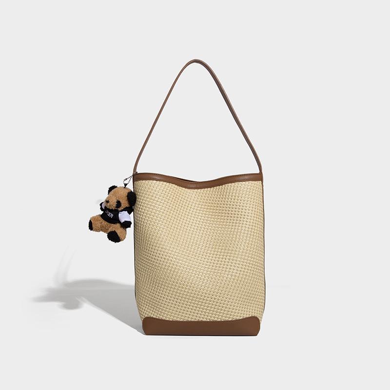 2025 New Korean Style Simple Versatile Woven Shoulder Bag Large Capacity Canvas Bag Fashion Trend Lightweight Bucket Bag