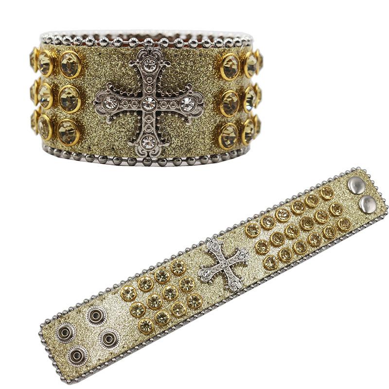 Браслет с крестами из страз Готический Хип-хоп Панк Браслет из ПУ кожи, инкрустированный бриллиантами