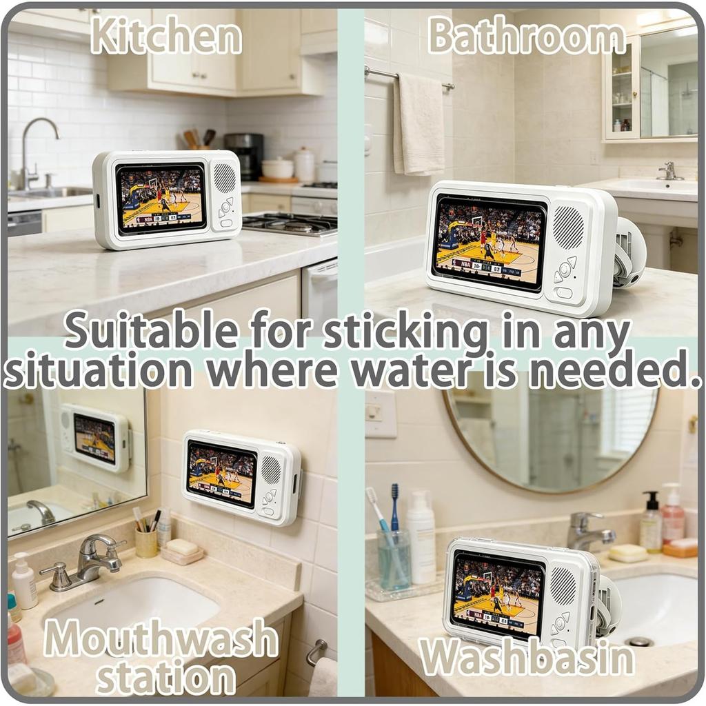 Waterproof Shower Phone Holder with Bluetooth Speaker, Touch Screen Phone Case for Shower, Wall Mounted Phone Holder with 360° Rotation, IPX5 Water