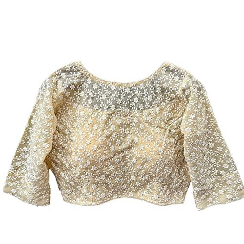 Vihu Fashion Womens Georgett Readymade Fancy Sifli Work Half Sleeve Saree Blouse.(Sifli Flower Cream_38)