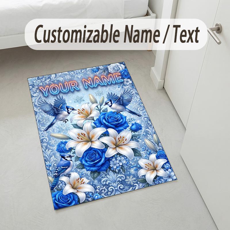 Floral Garden Theme Crystal Velvet Rug Personalized Custom Name Text Soft Floor Mat Home Decor
