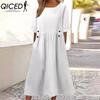 Women's Loose Fit Midi Dress Double Pockets Button Decoration Round Neck Short Sleeve Summer Boho Workwear Dress