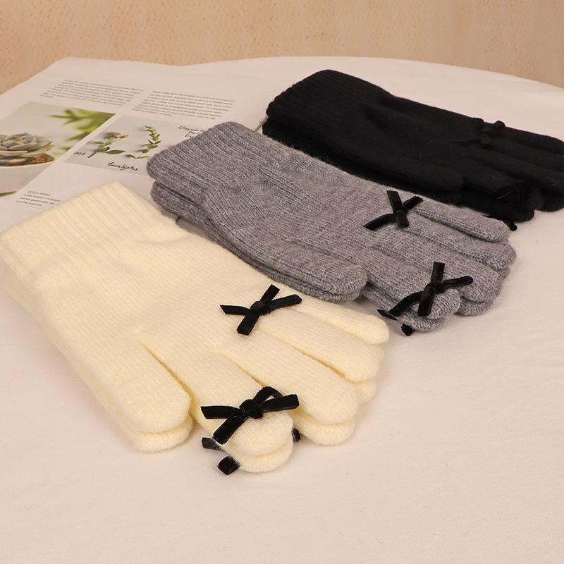 New winter products five fingers solid color warm knitted gloves women's bow student cold-proof wool gloves