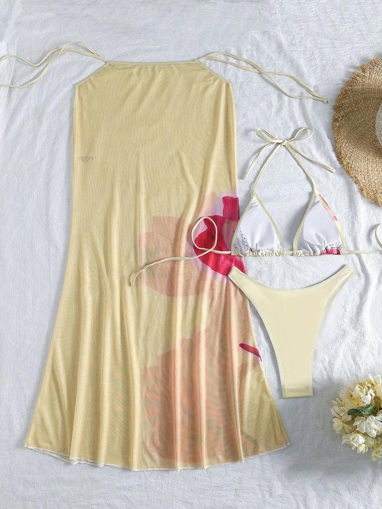 Комплект бикини из трех предметов 2025 европейский и американский: Сексуальный длинный купальник-накидка с принтом для женщин