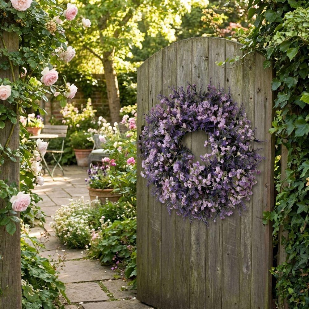Lifelike Artificial Lavender Wreath Vivid Colors Fresh Fake Flower Wreath Handmade Plastic Lavender Floral Wreath Porch Window