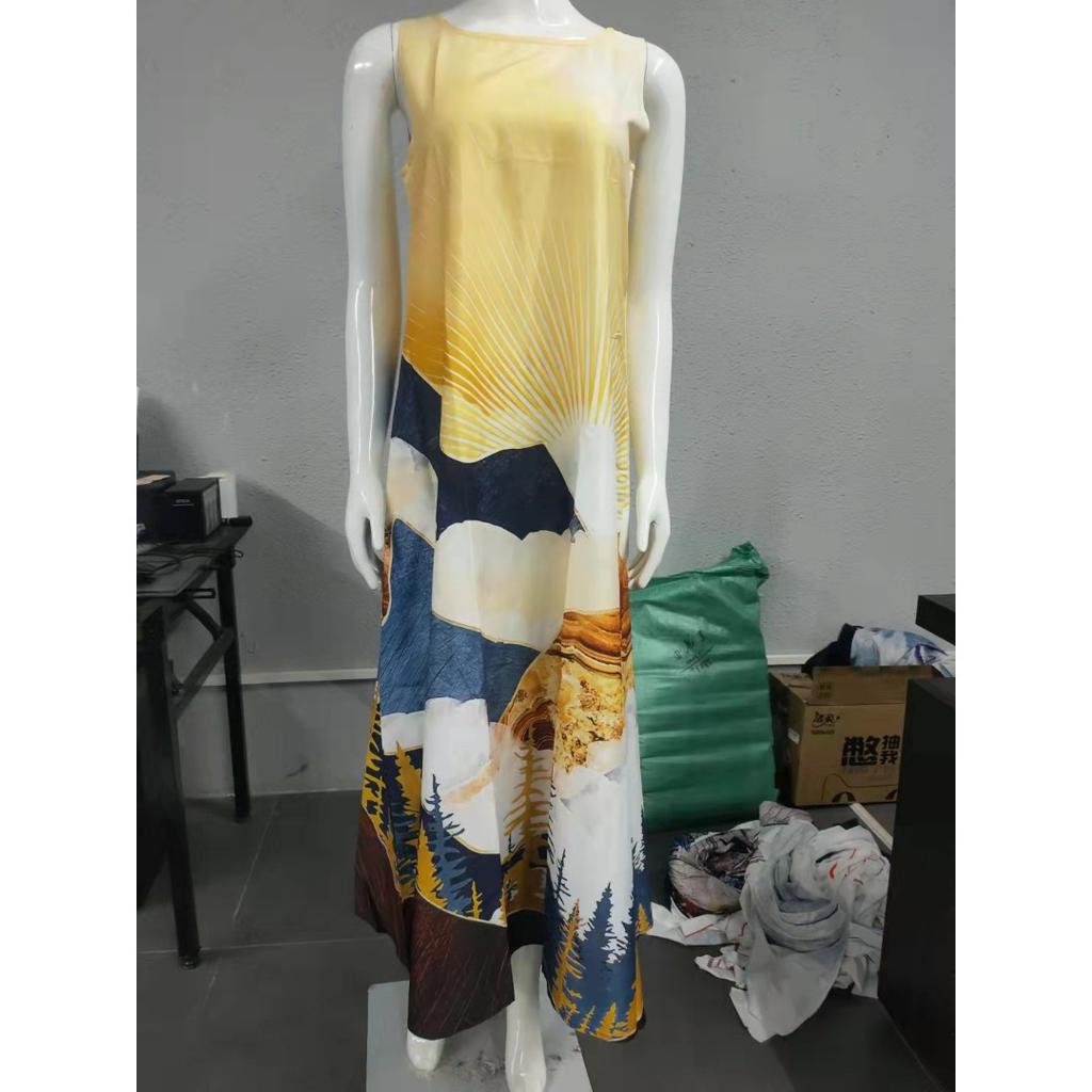 GMXIA Summer Positioning Flower Round Neck Sleeveless Loose Print Dress Long Skirt Women