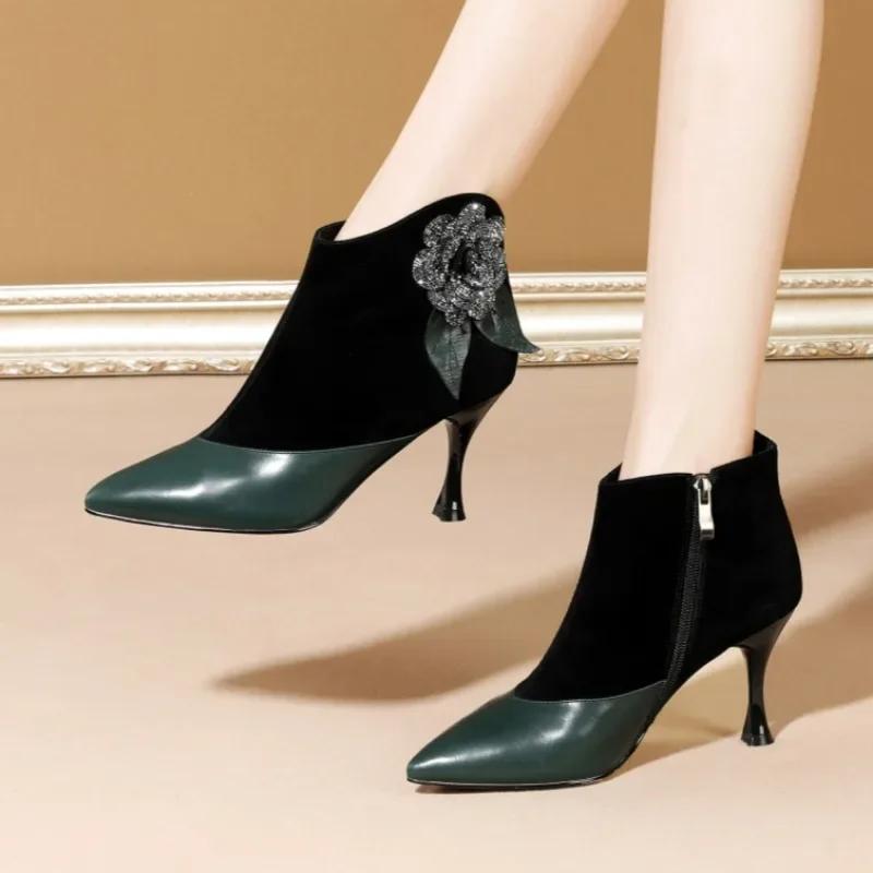 Мода 2025 Новый Стиль Мода Цветочная Отделка Женские Ботильоны Элегантный Однотонный Сексуальный Острый Носок Botas Mujer