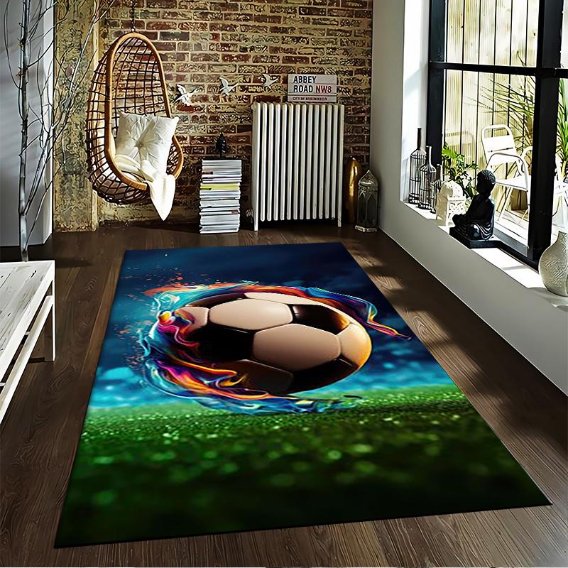 Soccer Ball Carpet with Fiery Blue Flames Design for Home Decor Suitable for use as an anti-slip for living room bedroom sofas