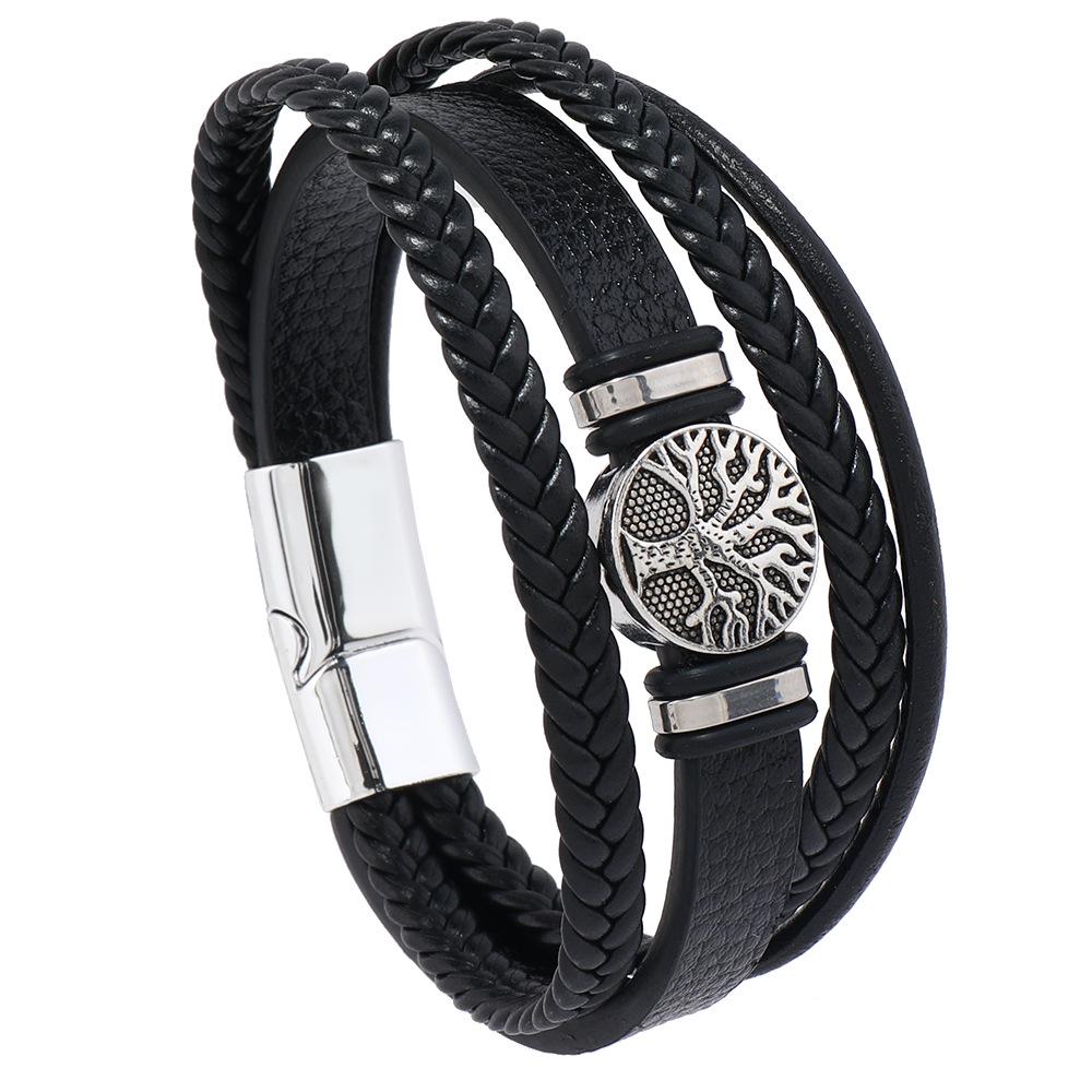Braided Leather Rope Punk Men's Bracelet with Tree of Life Charm
