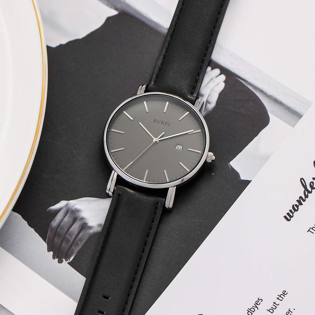 Leather Brand Simple Waterproof Analog Business Arm Watch Popular Date Quartz Silver Gray Stylish Thin Watch [BUREI] Men's Men's