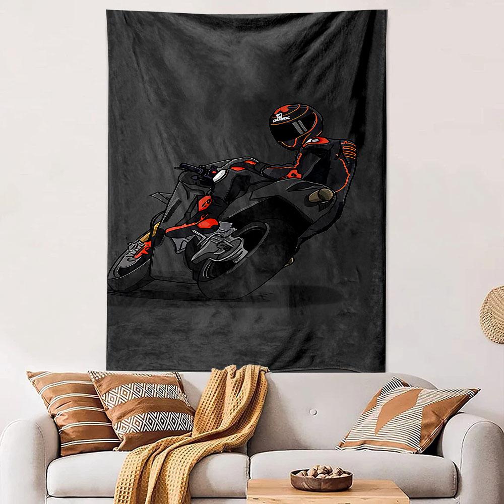 Motorcycle Racer Leaning Corner Black Orange Suit Cartoon Vector Wall Tapestry Biker Decor for Man Cave Garage Gift