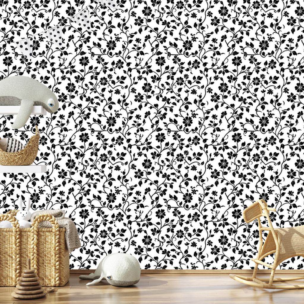 Wallpaper Black and White Flowers White and Gray for Living Room and Bedroom 50x1000