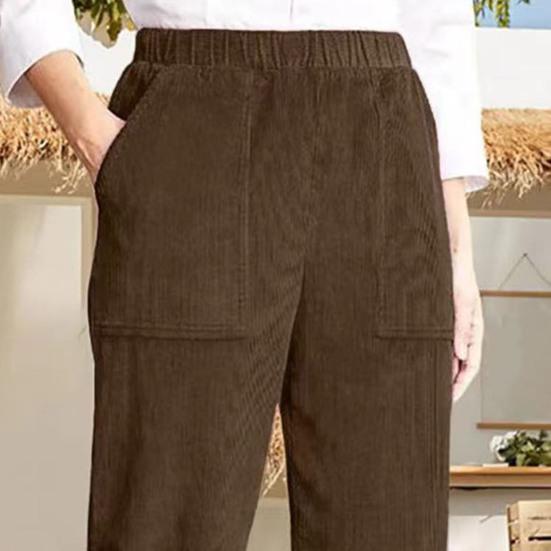 Corduroy Casual Pants Elastic Waist Women Long Pants with Pockets Solid Color Straight