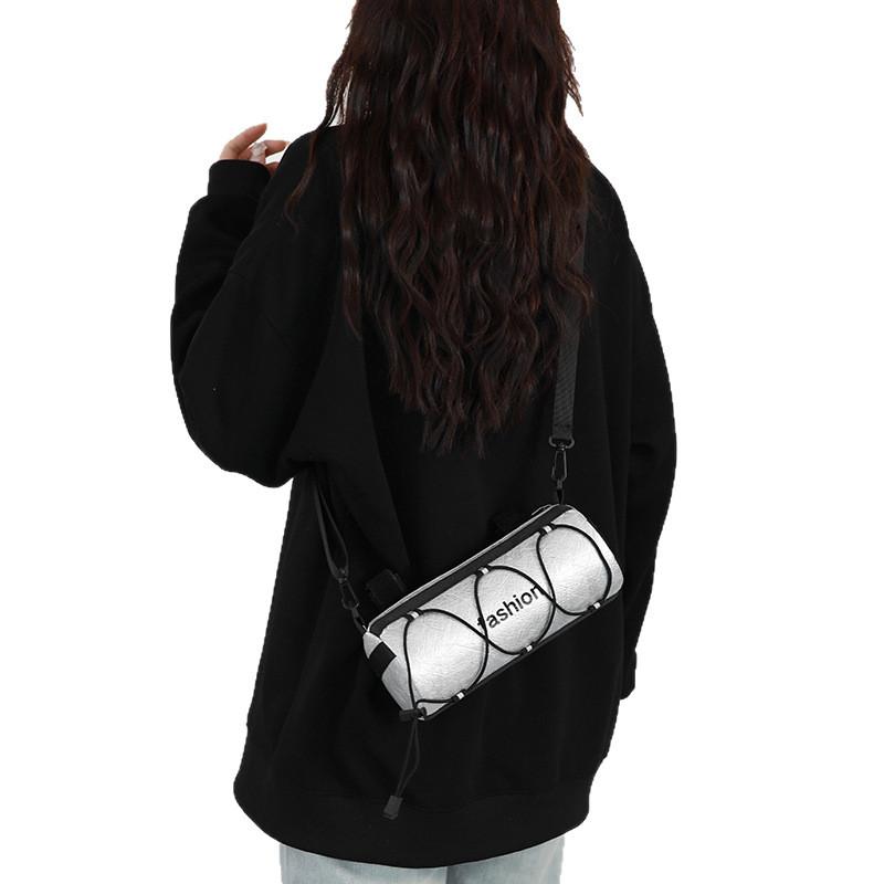 Simple Letter Print Neutral Cylindrical Crossbody Bag With Reflective Strip For Casual Outings