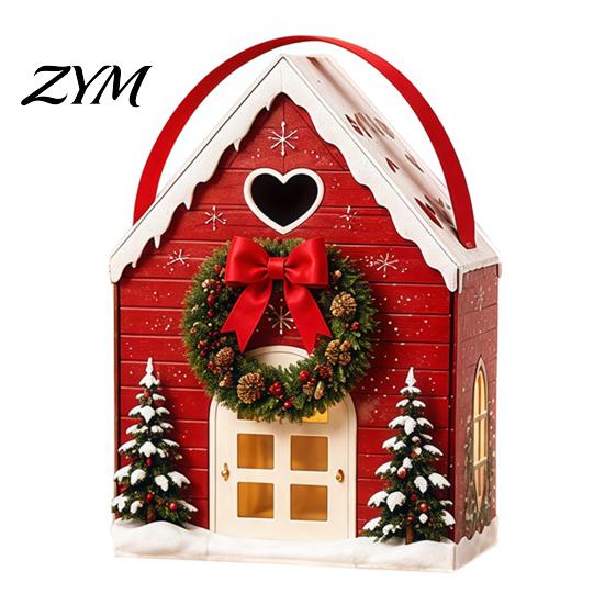 Christmas House Gift Holders Wonderland Cottage Box, Shaped Paper Treat Boxes, Holiday Festive Cabin Packaging Snack Holder with Handle for