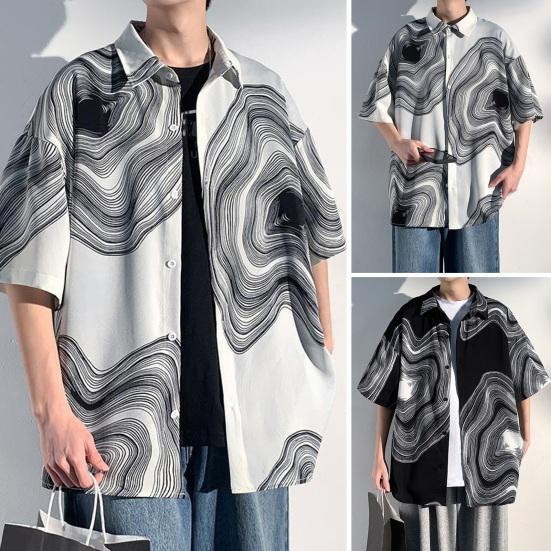 Летняя мужская рубашка в стиле ретро с абстрактным принтом и половиной рукавов в стиле хип-хоп, свободный контрастный цвет, однобортный отложной воротник, быстросохнущий мягкий дышащий топ