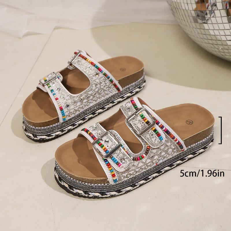 Summer New Thick-soled Hemp Rope Double-buckle Rhinestone Cork Beach Slippers Large Size Colored Women's Shoes