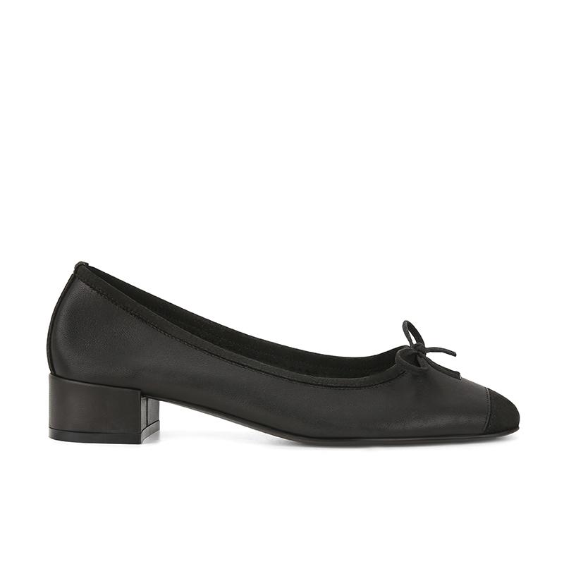 [] Two Heights~ Lambskin Square Head Bow Thick Heel Ballet Shoes Women's Single Shoes