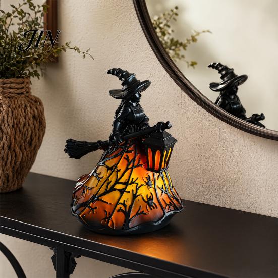Gothic Witch Halloween Decoration Witch/Ghost LED Lamp, Resin Ornament with Warm Light for Home Decor Decor, Desktop Spooky Night Party Mysterious