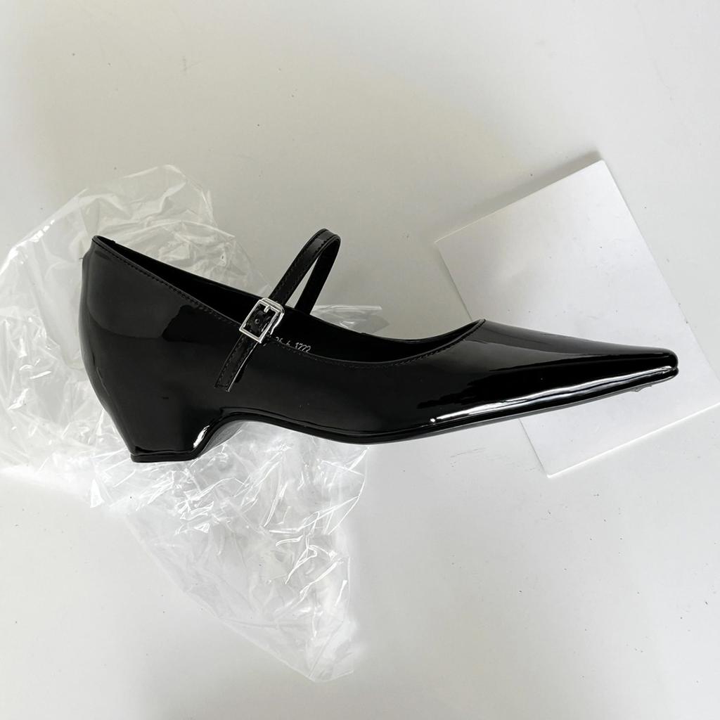 Sheepskin~ French One-word Buckle with Thick Heel Inner Height Increase Mary Jane Shoes Women's Pointed Single Shoes Light Mouth Commuter High Heels